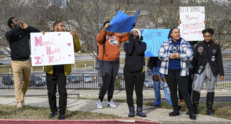 Lincoln University students protest outside the administration building calling for the removal of Lincoln University President John Moseley, Friday, Jan. 12, 2024 in Jefferson City, Mo. The president of a historically Black college in Missouri was placed on paid leave following the high-profile death of an administrator. The Board of Curators at Lincoln University, a publicly funded school of about 1,800 in Jefferson City, said Friday in a news release that President John Moseley volunteered to step down while a third-party expert reviews “potential personnel issues and concerns.” (Julie Smith/The Jefferson City News-Tribune via AP)