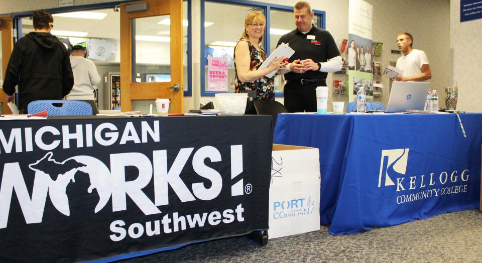 Susan Sobeske, of BACC, and Shawn DeLong, of Michigan Works, together with KCC, created a one-stop job search opportunity Wednesday, drawing 50 employers and hundreds of students and community members.
