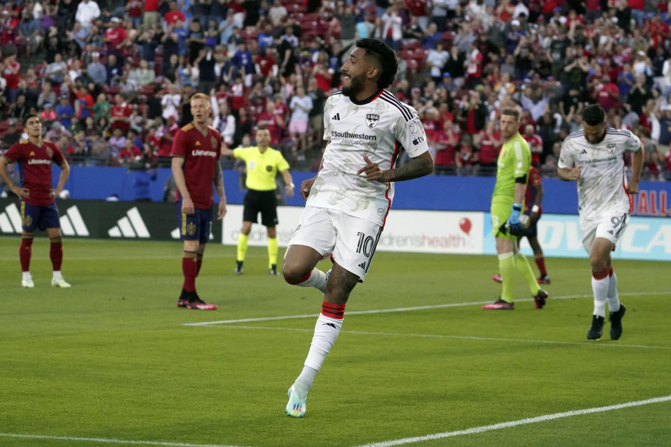 FC Dallas forward Jesús Ferreira (10) celebrates after scoring during the first half of an MLS soccer match against Real Salt Lake, Saturday, April 15, 2023, in Frisco, Texas. (AP Photo/LM Otero)