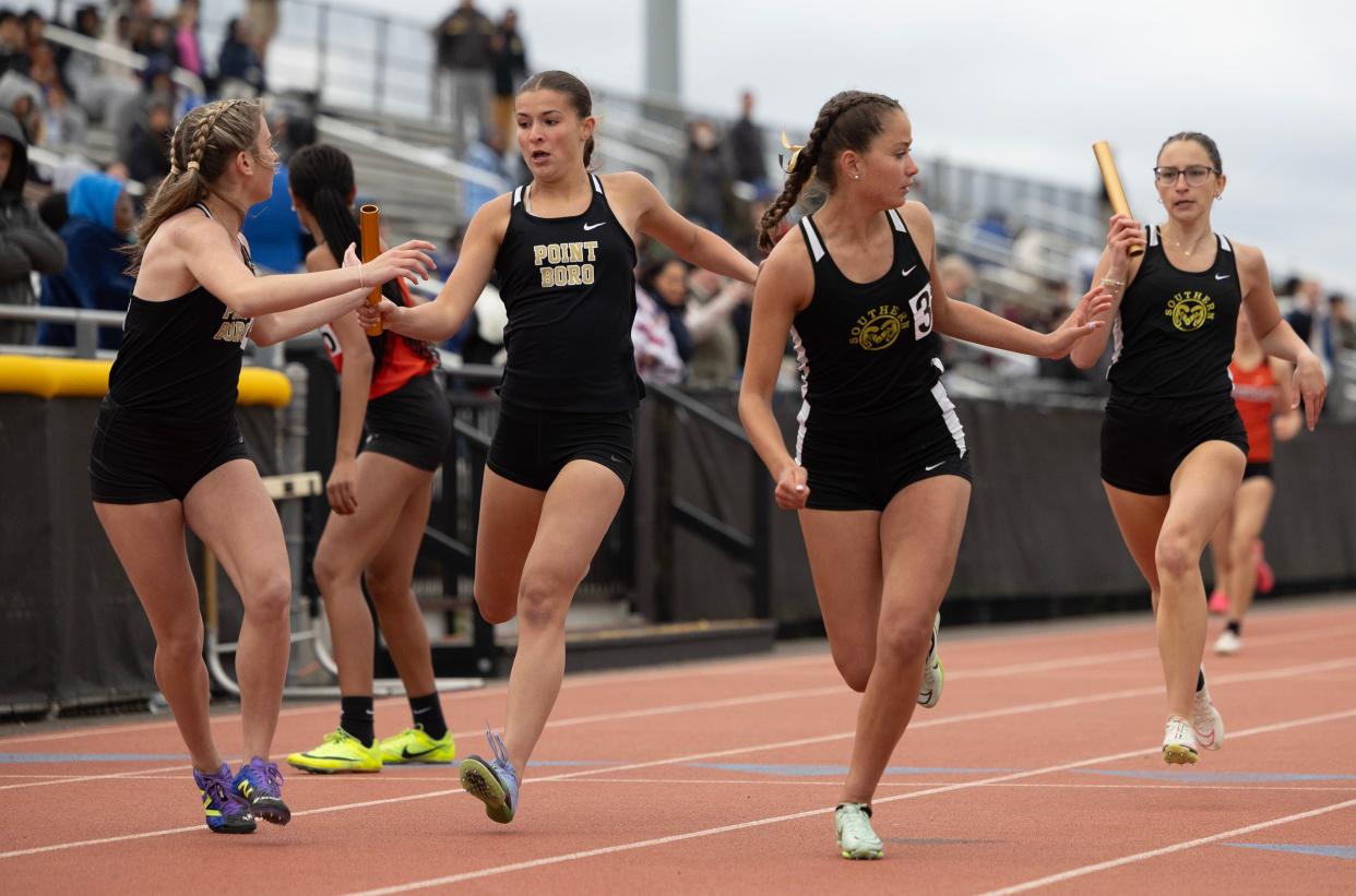 Southern’s Grace Hagemann hands off in the Girls 4X200 race. Ocean County Relay Championships 2024 at Southern Regional High School in Stafford Twp. NJ on May 3, 2024.