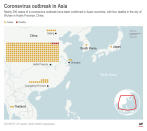 Map shows coronavirus outbreak cases in Asia; 2c x 4 1/2 inches; 96.3 mm x 114 mm;