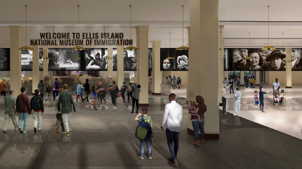 A rendering shows plans for a renovated Baggage Room, including a 120-foot media screen which Brackenbury says will transform the experience for visitors arriving at the museum. - Courtesy Statue of Liberty - Ellis Island Foundation