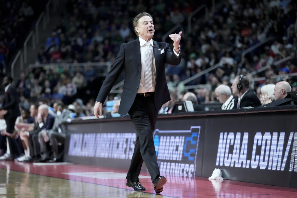 Iona head coach Rick Pitino works the bench in the first half of a first-round college basketball game against Connecticut in the NCAA Tournament, Friday, March 17, 2023, in Albany, N.Y. (AP Photo/John Minchillo)