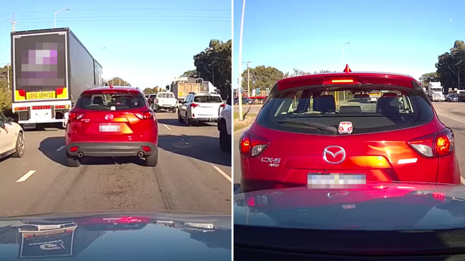 Dash cam caught the moment three cars collided, narrowly missing a B-double truck. Pictured are two stills.