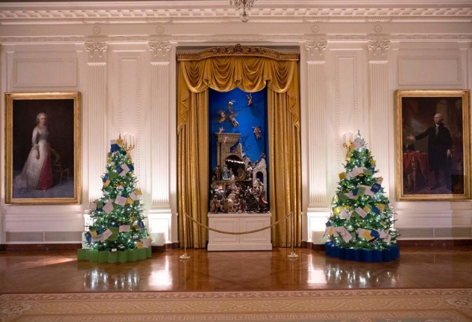 Christmas trees in the East Room of the White House in 2021.