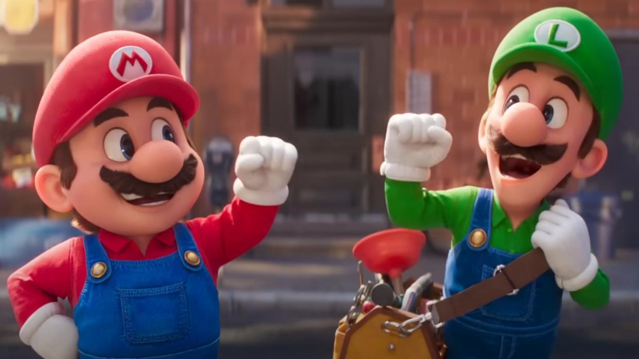  Mario and Luigi about to fist bump in the Super Mario Bros. Movie 