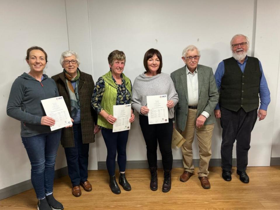 Impartial Reporter: Aine Enright, Ethel Irvine, Mary McGonigle and Jenny Parkes with Brian Dane (tutor) and Stephen Hey (Chairman, FBA).