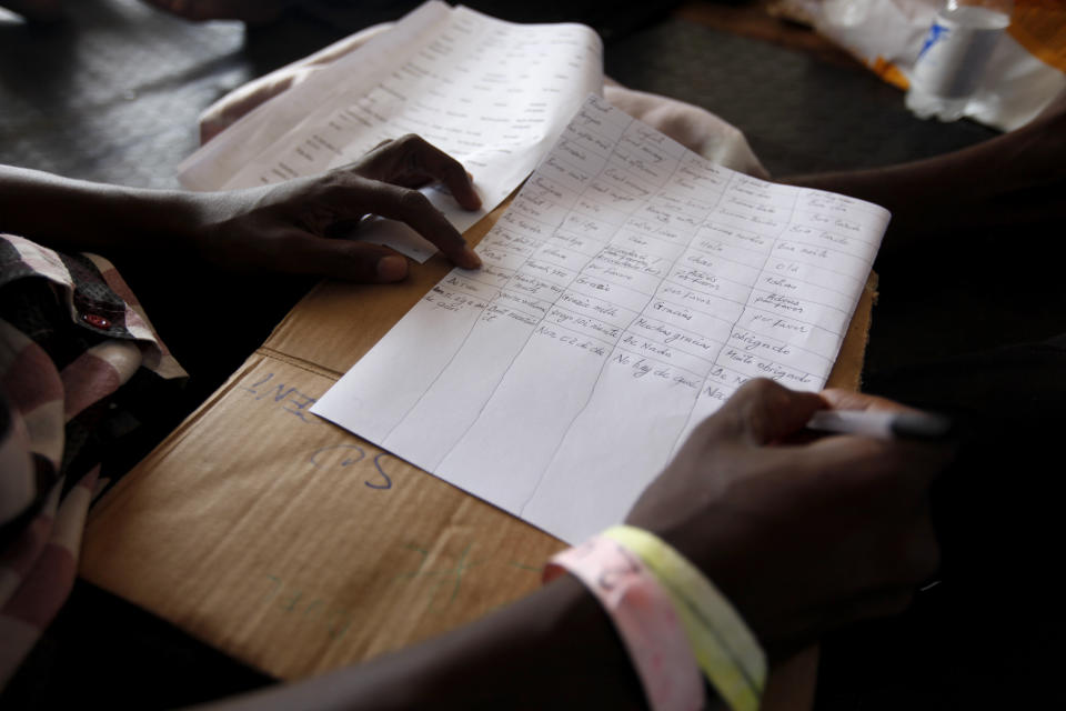 An African migrant writes down some phrases in different languages abroad the Geo Barents vessel after he and other migrants were rescued in the Mediterranean Sea off Libya, Sunday, Sept. 26, 2021. The migrants say they were tortured and their families extorted for ransoms in Libya’s detention centers. Their accounts to The Associated Press come as a report commissioned by the United Nations said last week that suspected crimes against humanity have been committed against migrants intercepted at sea and turned over to Libya’s detention centers. (AP Photo/Ahmed Hatem)