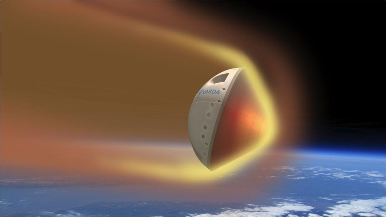  Illustration of a conical white space capsule entering Earth's atmosphere, generating a fiery orange wake of superheated gases. 