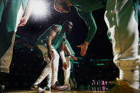 Boston Celtics' Jaylen Brown is introduced before the team's NBA basketball game against the Oklahoma City Thunder on Wednesday, April 3, 2024, in Boston. (AP Photo/Winslow Townson)