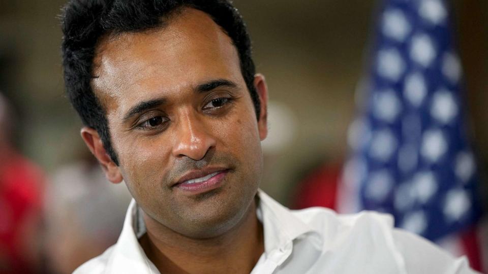 PHOTO: Republican presidential candidate Vivek Ramaswamy speaks during a campaign stop, Aug. 5, 2023, in Vail, Iowa. (Charlie Neibergall/AP)