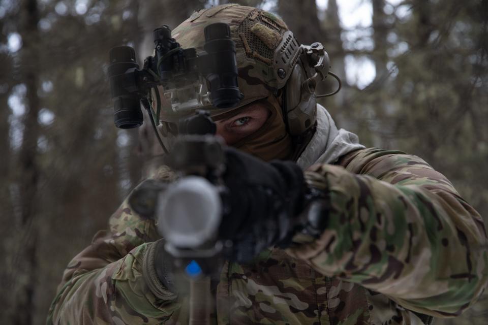 A U.S. Army Ranger from the 75th Ranger Regiment pull security during Joint Pacific Multinational Readiness Center 24-02 at Donnelly Training Area, Alaska, Feb 12, 2024.