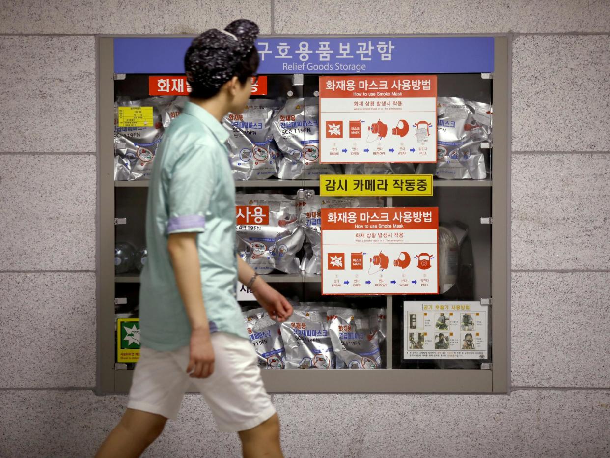 A relief goods storage inside a subway station which is used as a shelter for emergency situation in Seoul, South Korea: Kim Hong-Ji / Reuters