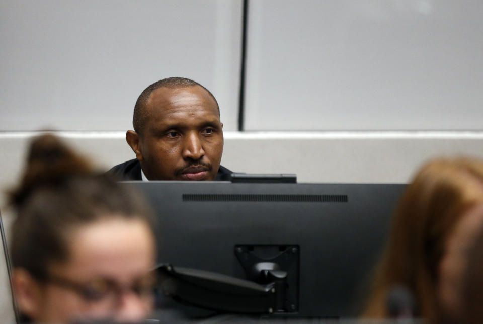 Congolese militia commander Bosco Ntaganda sits in the courtroom of the ICC (International Criminal Court) during his trial at the Hague in the Netherlands, Monday July 8, 2019. The ICC is expected to pass judgement Monday on Ntaganda, accused of overseeing the slaughter of civilians by his soldiers in the Democratic Republic of Congo in 2002 and 2003. (Eva Plevier/Pool via AP)
