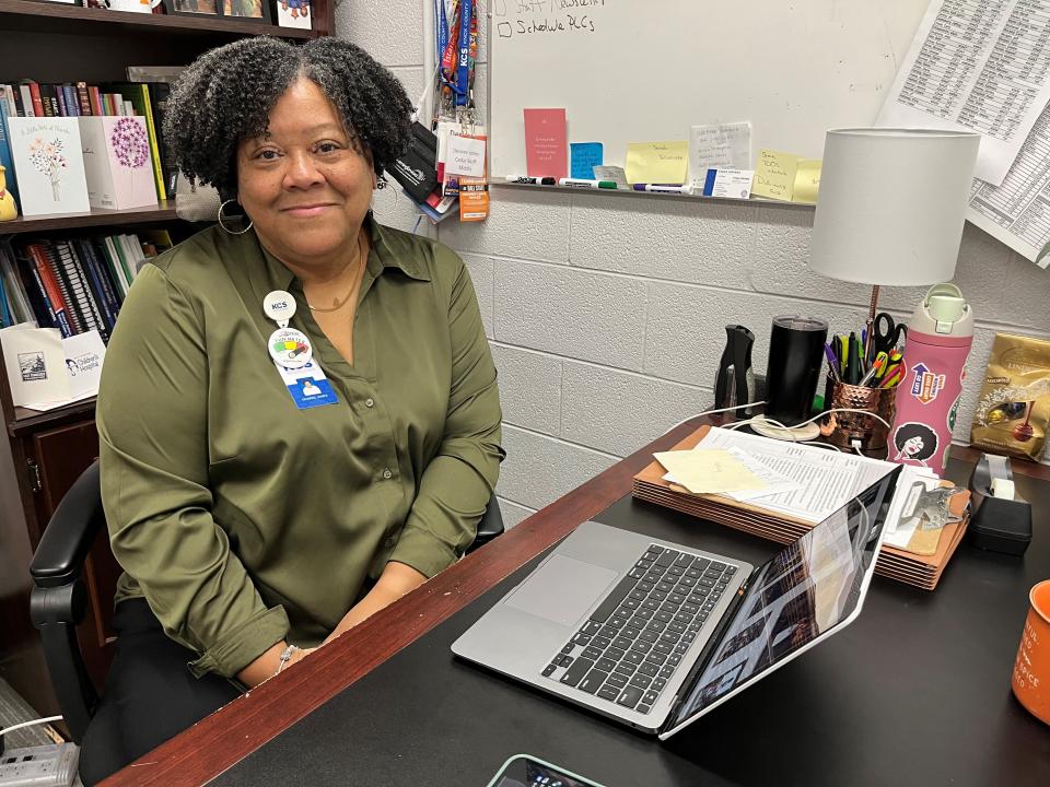 First-year Cedar Bluff Middle School principal Desiree Jones sits at her desk in her office on Oct. 24, 2023. She is in her 27th year in education in Knox County Schools.