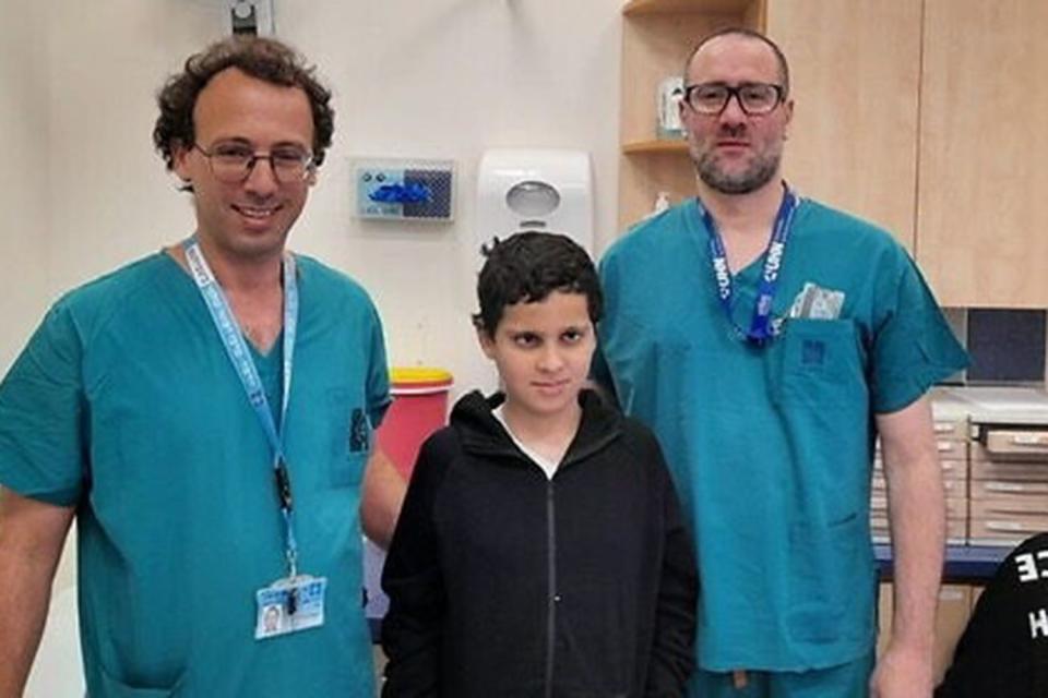 <p>Hadassah International Instagram</p> Drs. Ohad Einav and Ziv Asa with 12-year-old Suleiman Hassan at Hadassah #Medical Center 