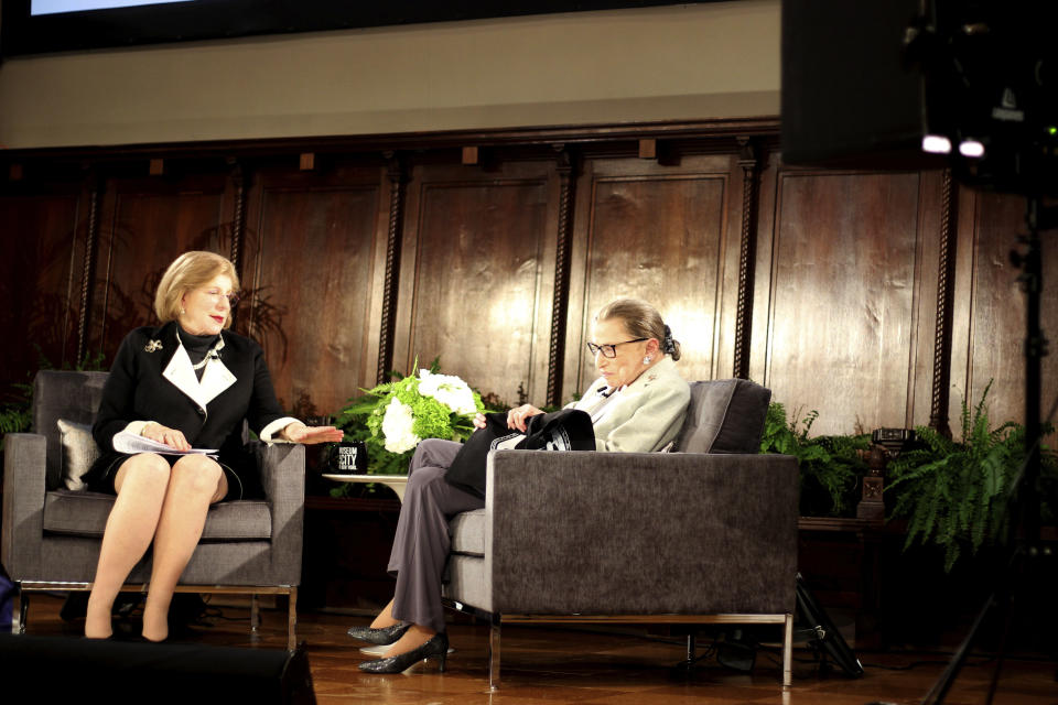 ADDS HELD AT THE NEW YORK ACADEMY OF MEDICINE NPR's Nina Totenberg, left, and U.S. Supreme Court Justice Ruth Bader Ginsburg participate in the David Berg Distinguished Speakers Series in an event organized by the Museum of the City of New York with WNET-TV held at the New York Academy of Medicine Saturday, Dec. 15, 2018, in New York. NPR legal correspondent Totenberg led a question-and-answer session about Ginsburg's quarter century on the Supreme Court, and about her life. (AP Photo/Rebecca Gibian)