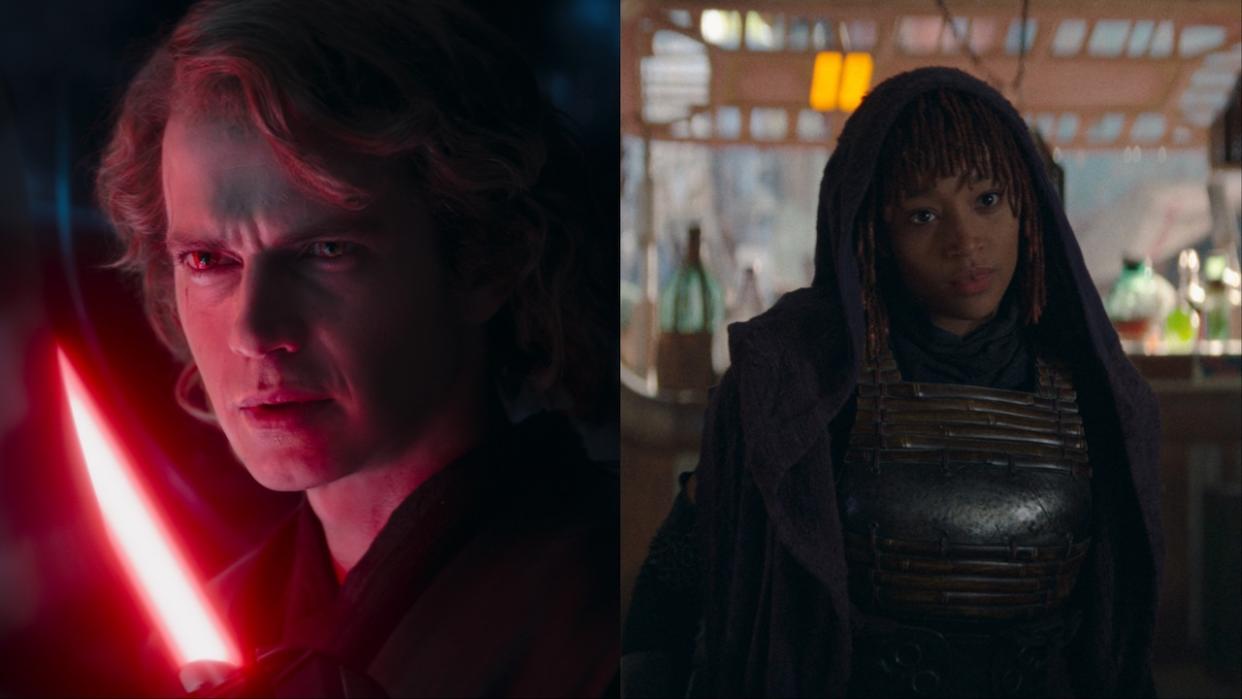  Anakin Skywalker with red lightsaber and Amandla Stenberg's Acolyte character speaking with someone in tavern. 