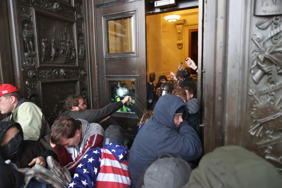 Pro-Trump rioters attempt to enter the U.S. Capitol Building on Jan. 6, 2021 in Washington, DC.