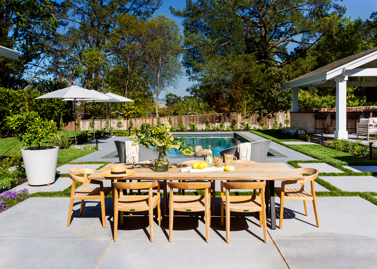 outdoor living space, patio, deck, pool area