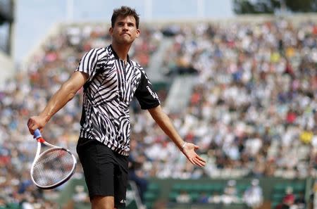 Tennis - French Open - Roland Garros - Alexander Zverev of Germany vs Dominic Thiem of Austria - Paris, France - 28/05/16. Thiem reacts. REUTERS/Gonzalo Fuentes