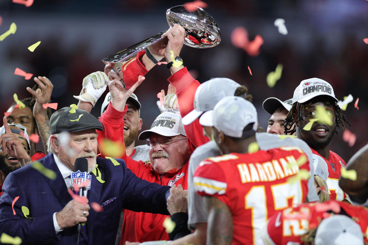 MIAMI, FLORIDA - FEBRUARY 02: Head coach Andy Reid of the Kansas City Chiefs celebrates with the Vince Lombardi Trophy after defeating the San Francisco 49ers 31-20 in Super Bowl LIV at Hard Rock Stadium on February 02, 2020 in Miami, Florida. (Photo by Maddie Meyer/Getty Images)