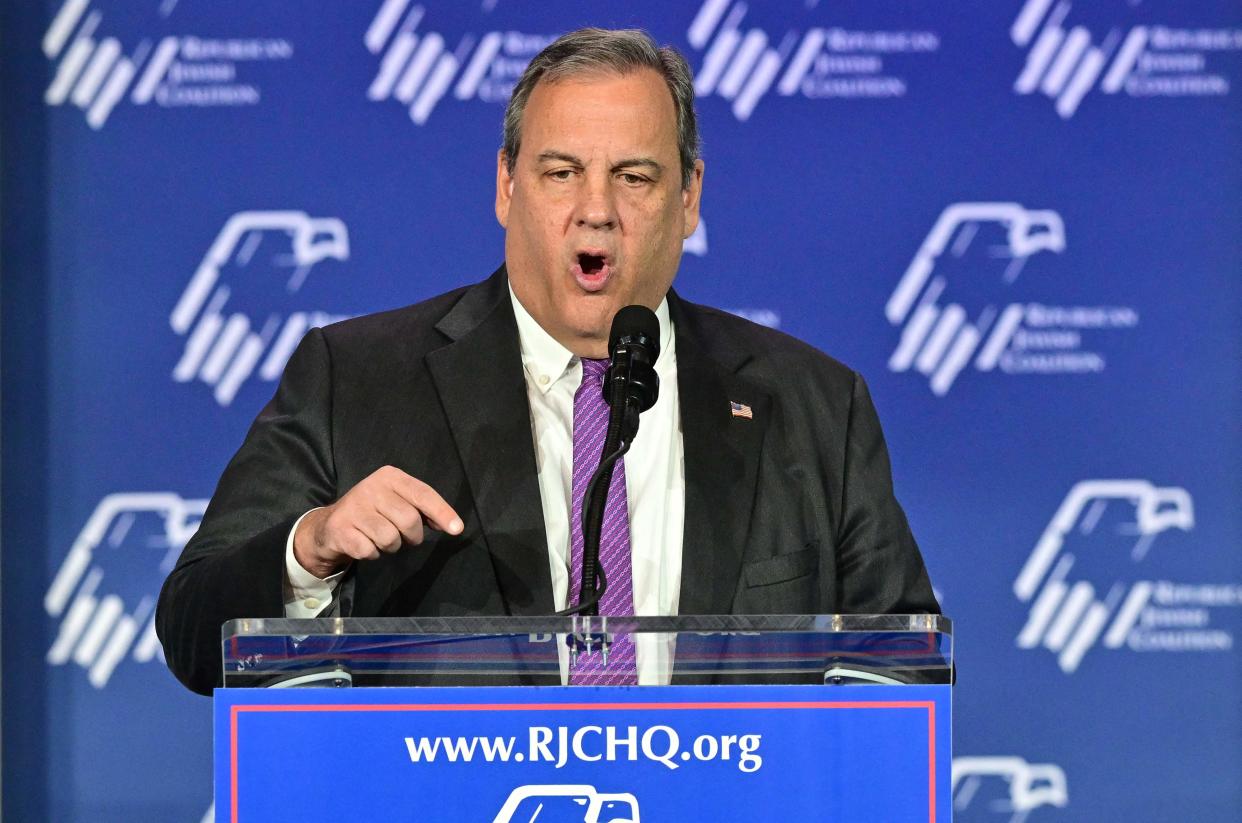 US Republican presidential candidate Chris Christie speaks at the Republican Jewish Coalition (RJC) Annual Leadership Summmit on October 28, 2023 at the Venetian Conference Center in Las Vegas, Nevada.