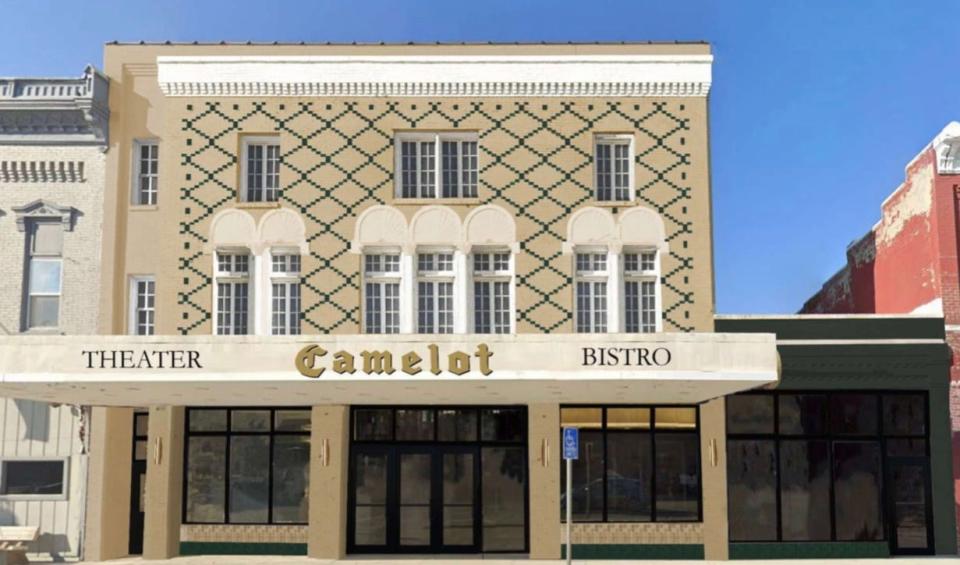 Design renderings show plans for the historic Camelot Theater in Nevada, which will include a bistro and a rooftop bar.