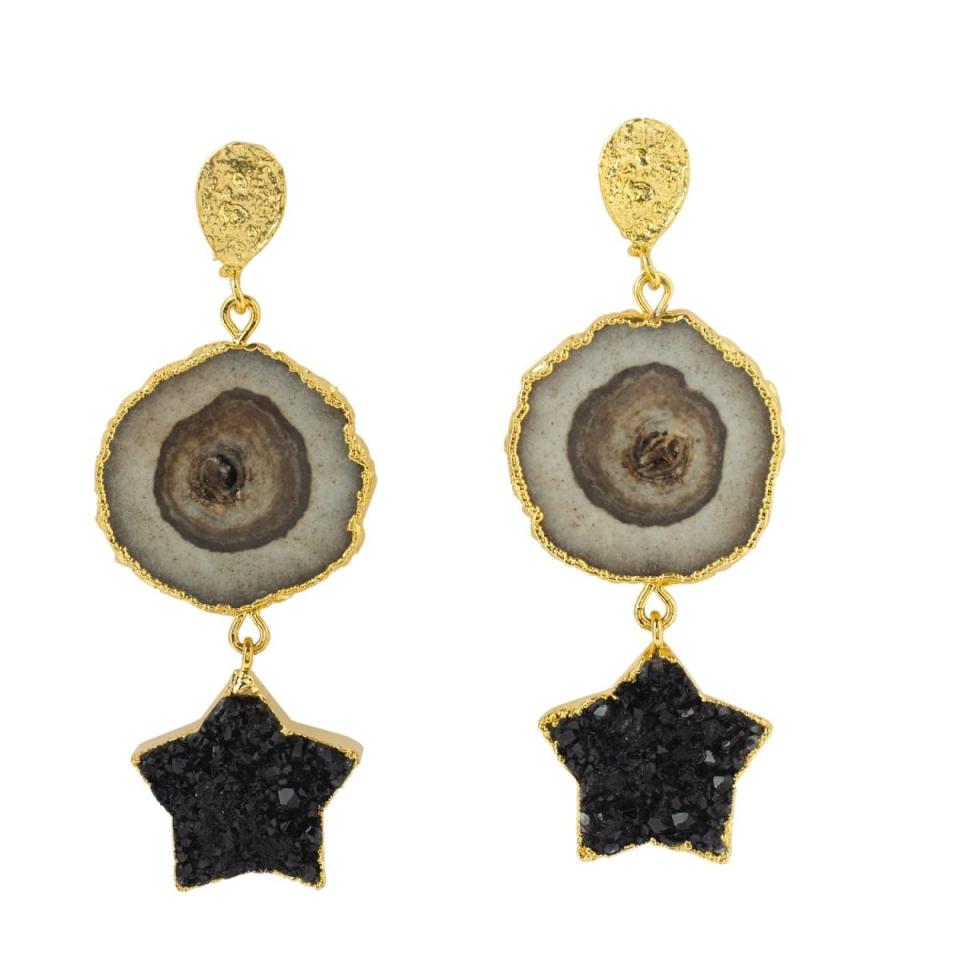 23) 'Night Sky' Black Star Gold Gemstone Statement Earrings