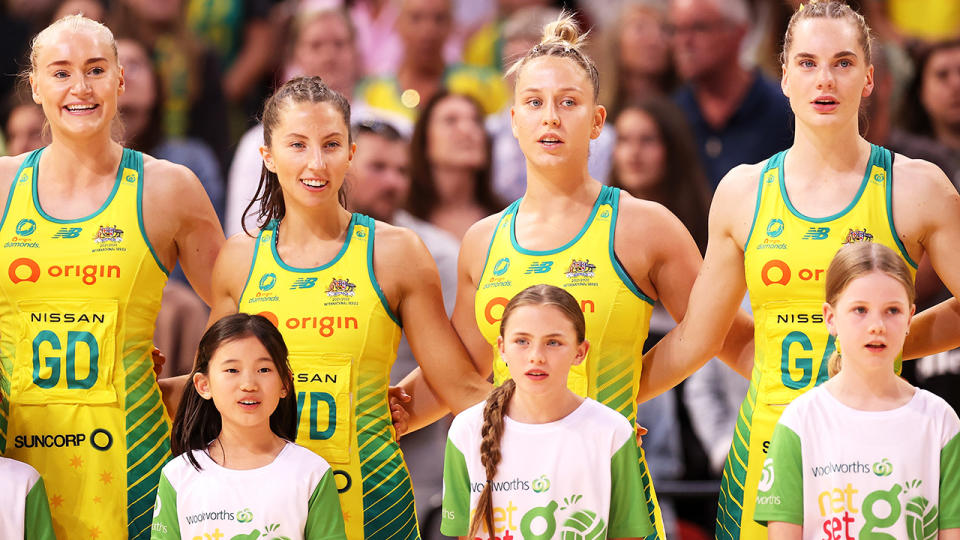 Diamonds players, pictured here before the second netball Test between Australia and England.