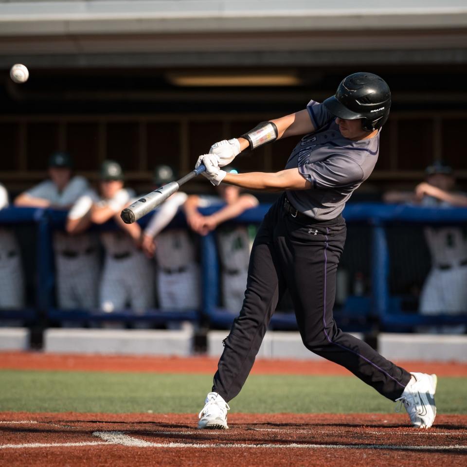 Little Falls' Jack Morotti swings at a pitch during the finals of the 2023 Section III Class C Baseball Tournament at Onondaga Community College on Tuesday, May 30, 2023.