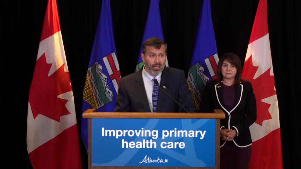 Paul Parks, AMA president, and Adriana LaGrange, minister of health, announce an upcoming new funding model for family physicians. 