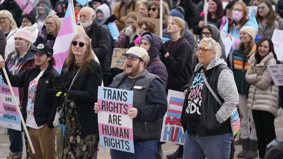 People gather in support of transgender youth during a rally at the Utah State Capitol (Rick Bowmer / AP file)
