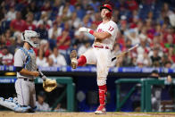 Philadelphia Phillies' Rhys Hoskins reacts after a strike from Miami Marlins pitcher Sandy Alcantara during the sixth inning of a baseball game, Wednesday, Aug. 10, 2022, in Philadelphia. (AP Photo/Matt Slocum)