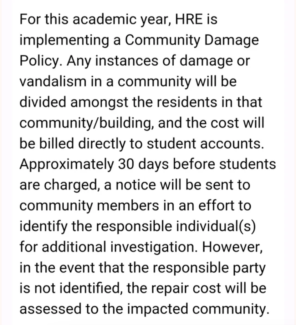 any damage charges in the community will be billed to each student