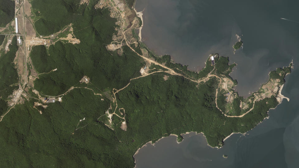 This satellite picture by Planet Labs PBC shows the Sohae Satellite Launching Station near Tongchang-ri, North Korea, Tuesday, May 30, 2023. Satellite images taken Tuesday analyzed by The Associated Press showed activity at a main pad at North Korea's Sohae Satellite Launching Station – suggesting the satellite's blast off would be soon. (Planet Labs PBC via AP)