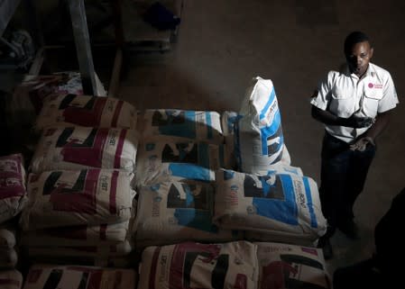 Owner of Plaster Centre, Moses Chipurura, stands beside bags of materials used to produce wall plaster as the plant is forced to run at night to avoid 18-hour daily power cuts in Harare