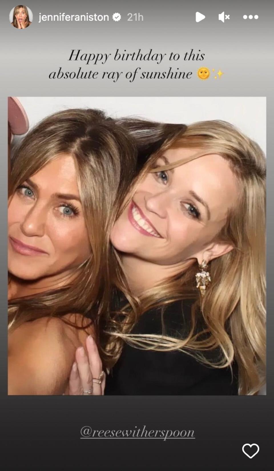 Aniston praised Witherspoon in a series of posts as she turned 47 (Jennifer Aniston/Instagram)