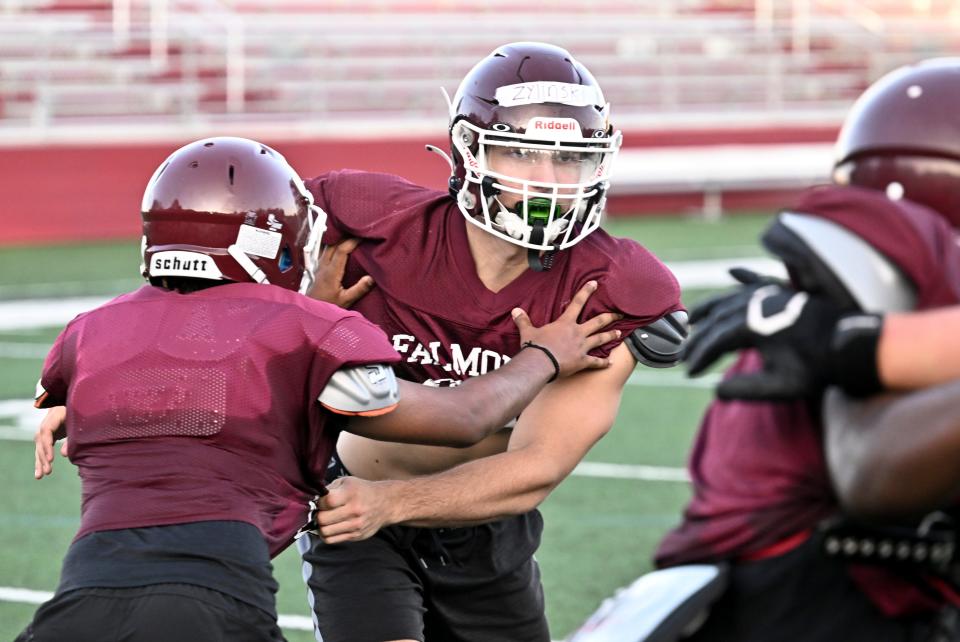 Falmouth defensive end Austin Zylinski during a football practice.