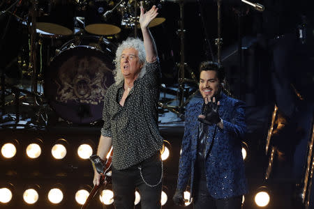 91st Academy Awards - Oscars Show - Hollywood, Los Angeles, California, U.S., February 24, 2019. Adam Lambert (R) performs with Brian May of Queen. REUTERS/Mike Blake