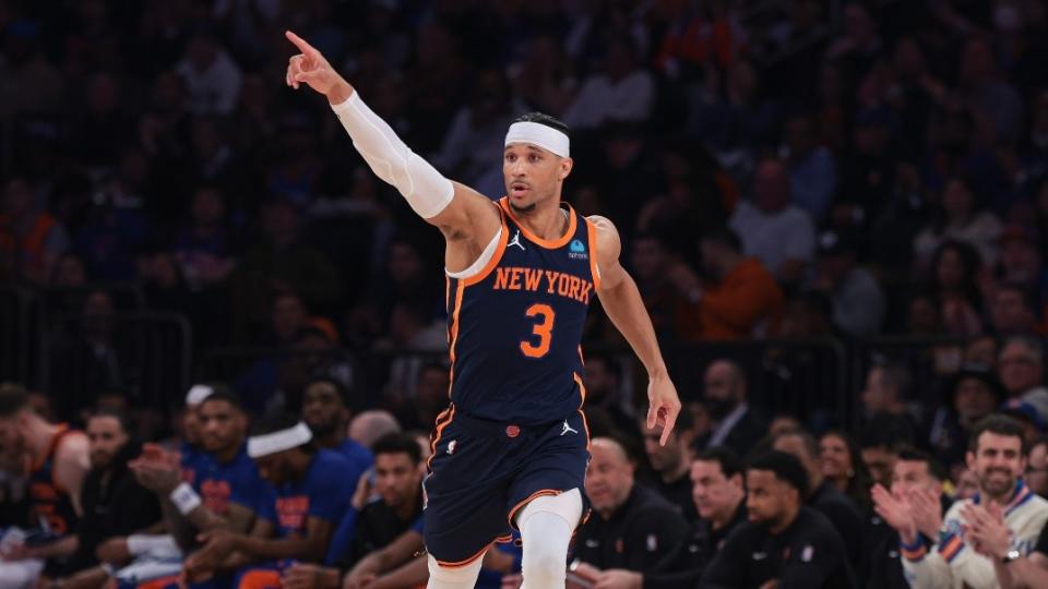 New York Knicks guard Josh Hart (3) reacts after basket against the Philadelphia 76ers during the first half during game two of the first round of the 2024 NBA playoffs at Madison Square Garden.