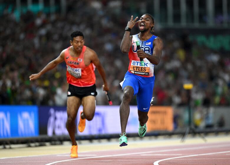 BUDAPEST, HUNGARY - AUGUST 26: Noah Lyles of Team United States reacts after winning.