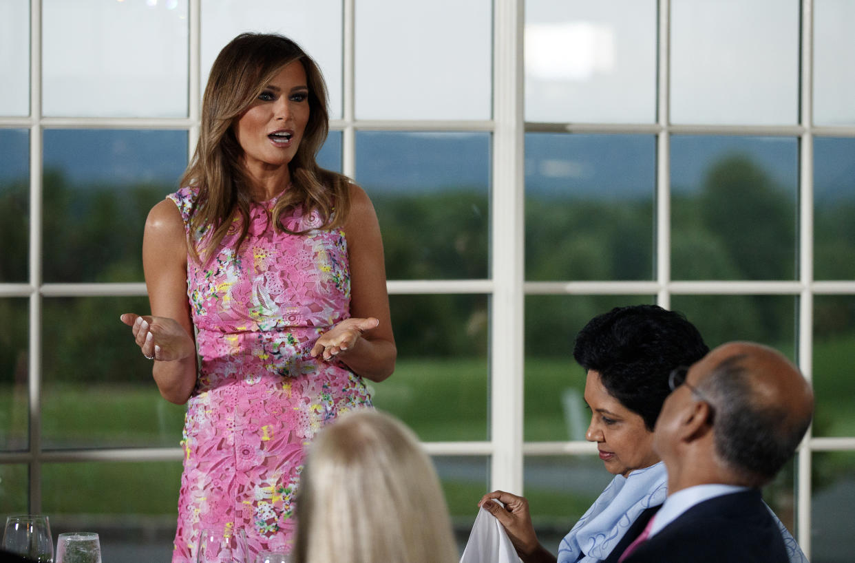 Melania Trump recycled a pink Monique Lhuillier dress to meet with business leaders. (Photo: AP Photo/Carolyn Kaster)