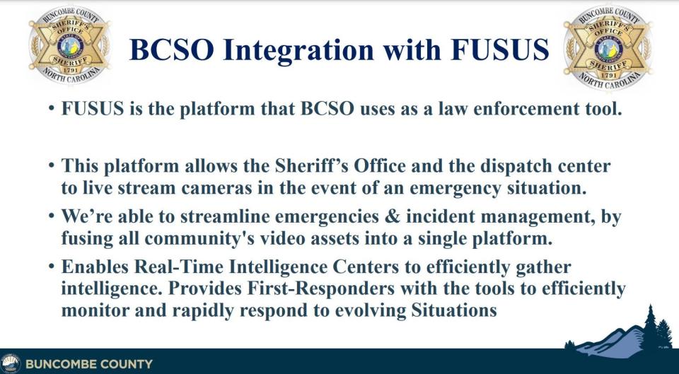 Part of a June 7 Buncombe County Sheriff's Office presentation to Board of Commissioners advocating for a way to manage funds for a potentially growing network of cameras that feed back to the department.