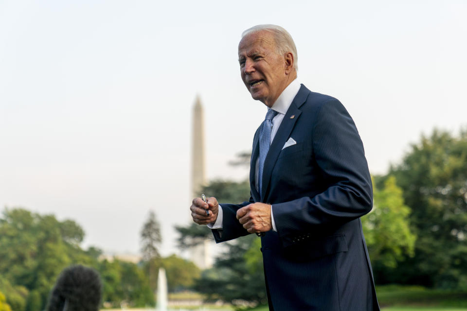 President Joe Biden speaks to members of the media before boarding Marine One on the South Lawn of the White House in Washington, Thursday, July 29, 2021, for a short trip to Walter Reed National Military Medical Center in Bethesda, Md., where he will join first lady Jill Biden who will undergo a procedure to remove an object from her left foot. (AP Photo/Andrew Harnik)