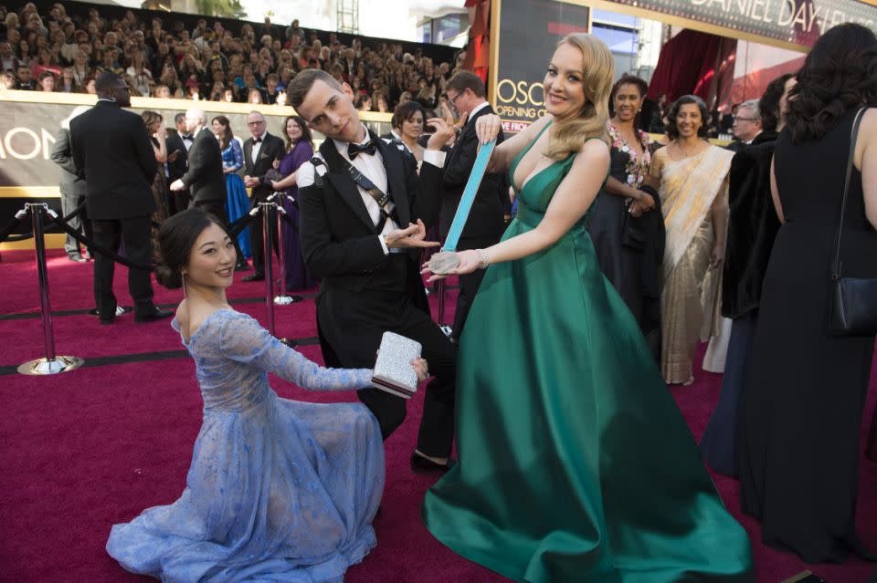 And the award goes to... Mirai Nagasu?! These three pulled an unusual stunt at the Academy Awards red carpet. Source: Getty