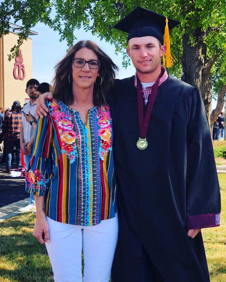 Photo: Hayden Cape and mother Poppy Richardson celebrate following Cape's May 7 graduation from West Texas A&M University. Now that he's earned his degree, Cape will receive a $40,000 payout on a scholarship from the Johnny and Jana Trotter Agriculture Graduation Success Plan.