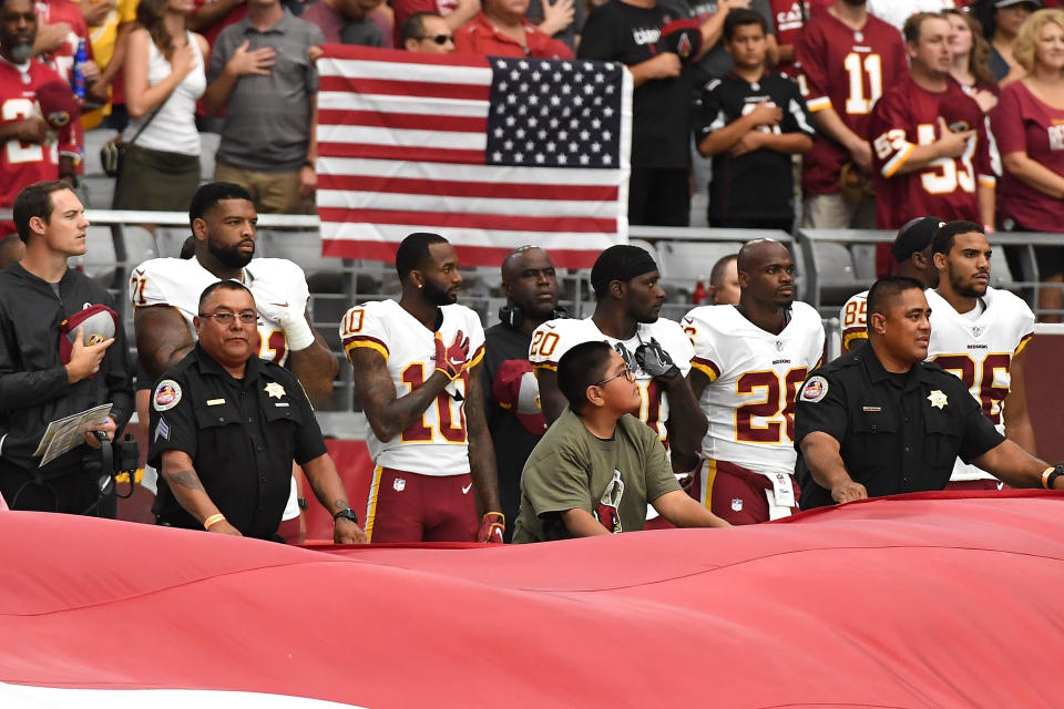 <p>Wide receiver Paul Richardson #10 of the Washington Redskins stands for the National Anthem before the game against the Arizona Cardinals at State Farm Stadium on September 9, 2018 in Glendale, Arizona. (Photo by Norm Hall/Getty Images) </p>