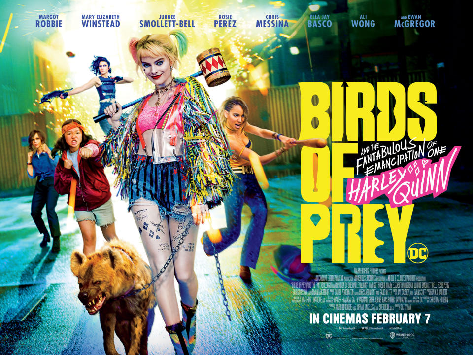 The UK quad poster for Birds of Prey featuring the film's full title and Margot Robbie as Harley Quinn. (Warner Bros.)