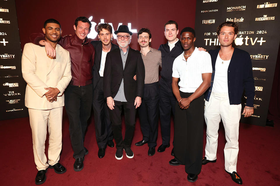 Branden Cook, Callum Turner, Austin Butler, Gary Goetzman, Anthony Boyle, Nate Mann, Josiah Cross and Raff Law seen at Apple TVPlus Masters of the Air Live Orchestra Screening and Q and A at Saban Theatre, followed by a cast visit to the Apple TV+ Emmy House on May 03, 2024 in Beverly Hills, California.